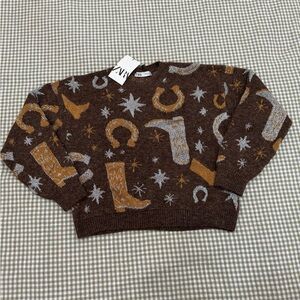 Zara Brown Sweater with Orange and Gray Western Motif